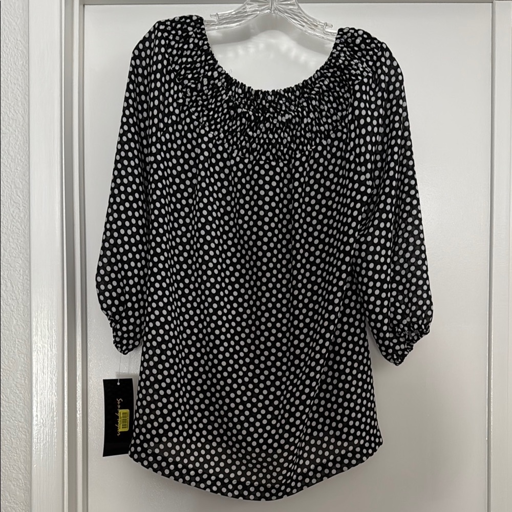 Sunny Taylor Smocked Black and White 3/4 Sleeve Blouse